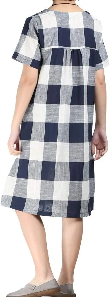 FTCayanz Women's Linen Shirt Dresses Summer Casual Short Sleeve Plaid Tunic Midi Dress