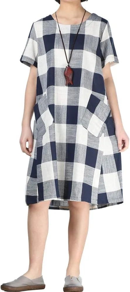 FTCayanz Women's Linen Shirt Dresses Summer Casual Short Sleeve Plaid Tunic Midi Dress