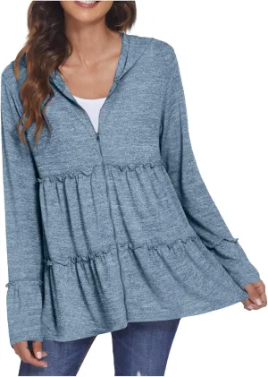 Full Zip Up Hoodie for Women Pleated Flowy Tiered Ruffle Hooded Shirt Lightweight Jacket Long Sleeve Babydoll Top Blouse