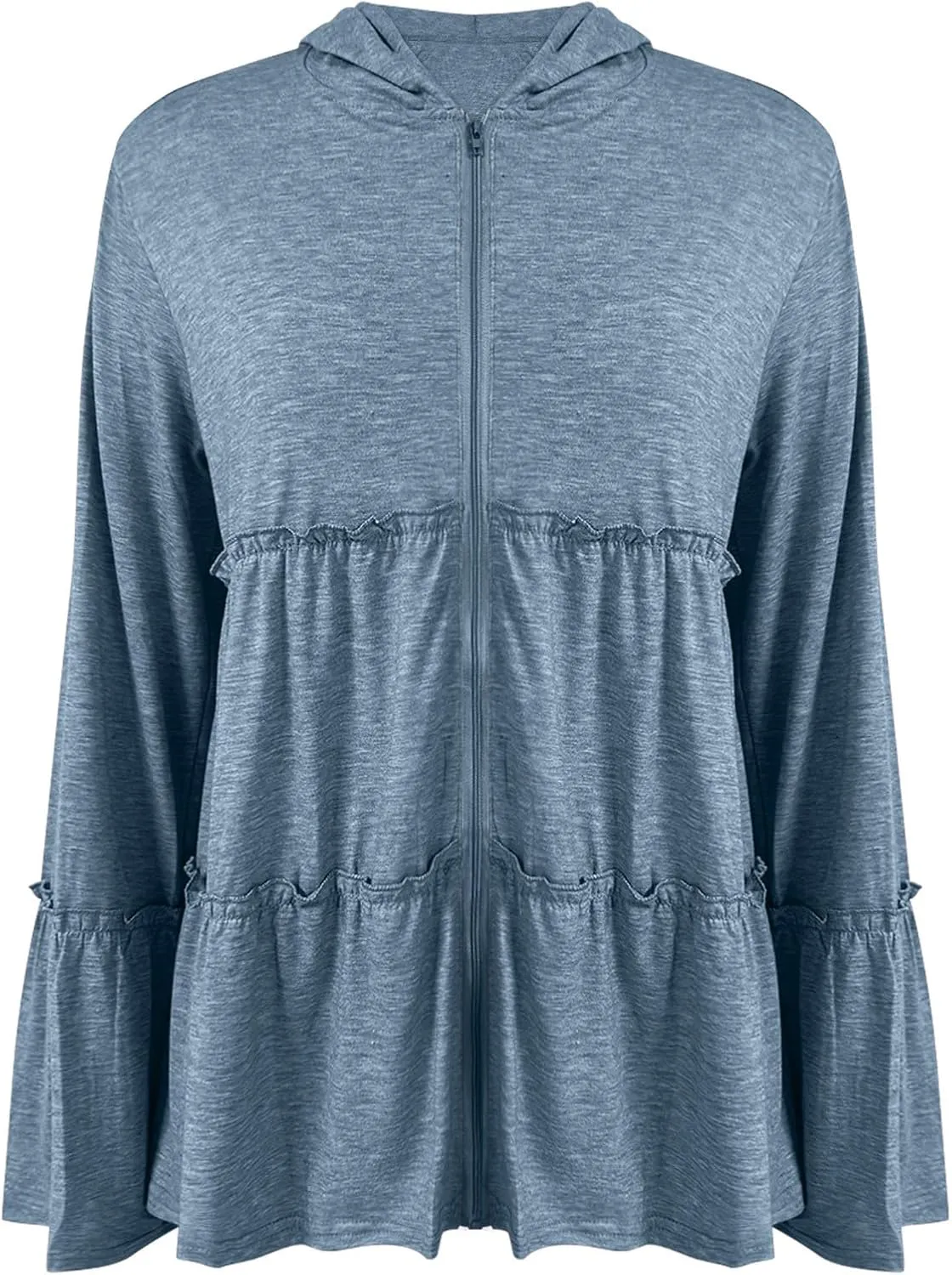 Full Zip Up Hoodie for Women Pleated Flowy Tiered Ruffle Hooded Shirt Lightweight Jacket Long Sleeve Babydoll Top Blouse