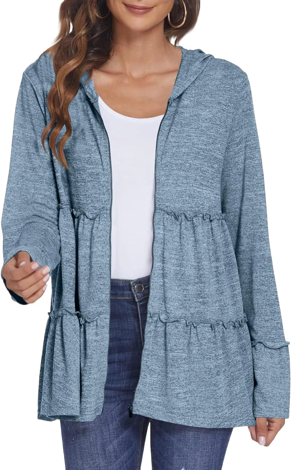 Full Zip Up Hoodie for Women Pleated Flowy Tiered Ruffle Hooded Shirt Lightweight Jacket Long Sleeve Babydoll Top Blouse