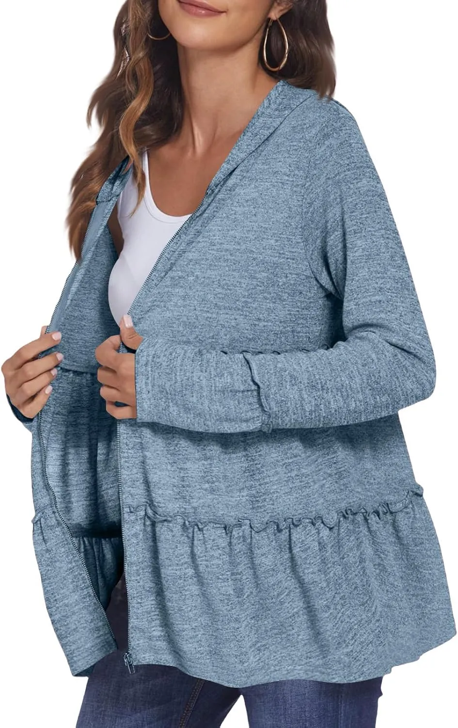 Full Zip Up Hoodie for Women Pleated Flowy Tiered Ruffle Hooded Shirt Lightweight Jacket Long Sleeve Babydoll Top Blouse