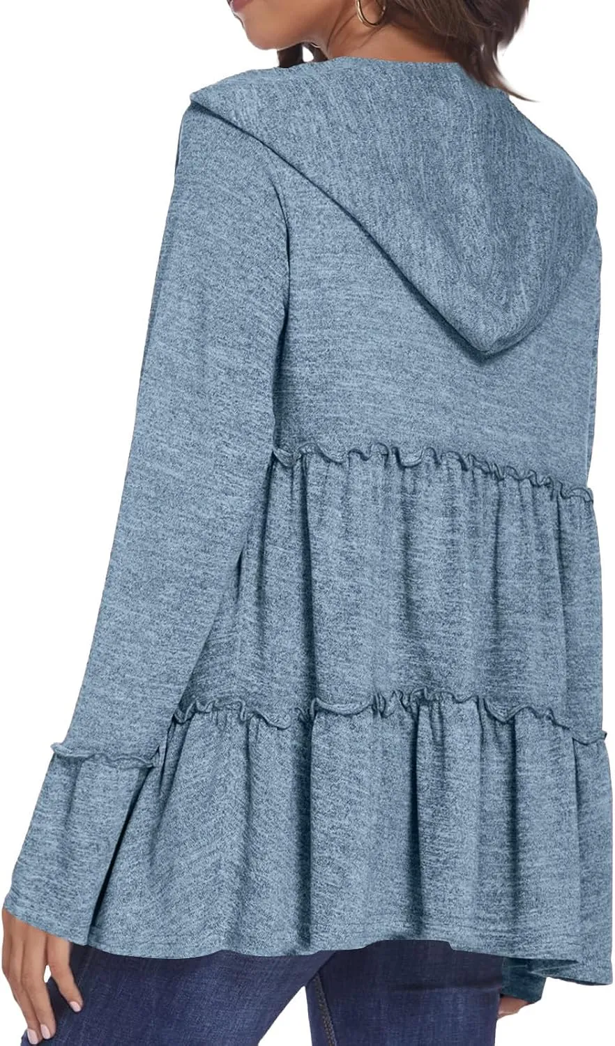 Full Zip Up Hoodie for Women Pleated Flowy Tiered Ruffle Hooded Shirt Lightweight Jacket Long Sleeve Babydoll Top Blouse