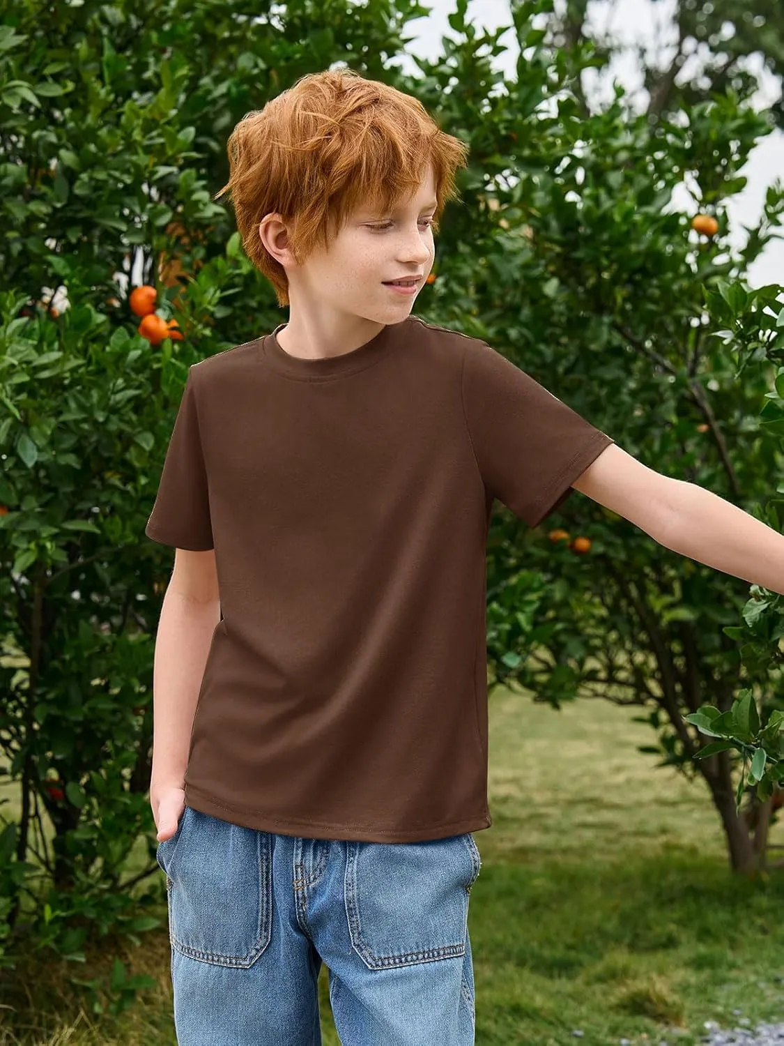 Haloumoning Boys T-Shirts Kids Short Sleeve Crewneck Solid Basic Tees Casual Tops 5-14 Years