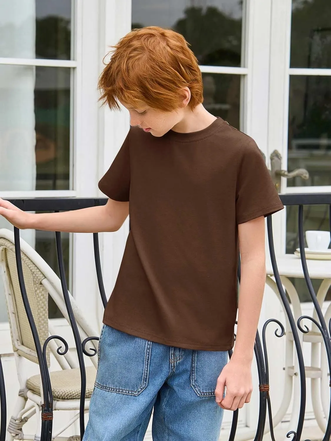 Haloumoning Boys T-Shirts Kids Short Sleeve Crewneck Solid Basic Tees Casual Tops 5-14 Years