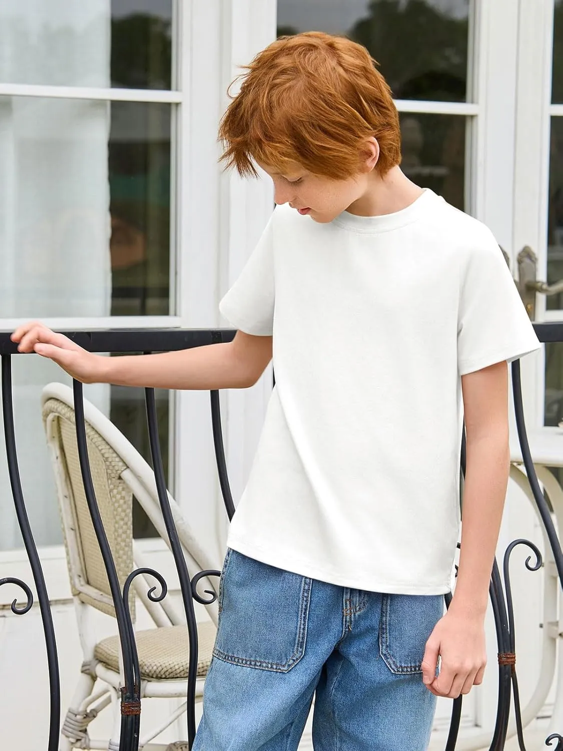 Haloumoning Boys T-Shirts Kids Short Sleeve Crewneck Solid Basic Tees Casual Tops 5-14 Years