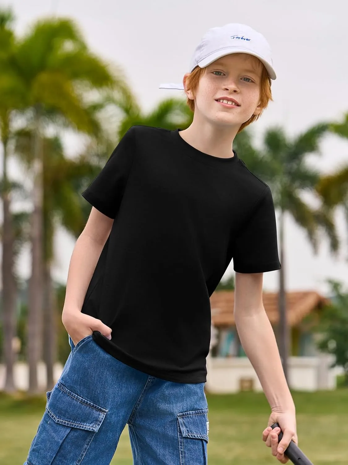 Haloumoning Boys T-Shirts Kids Short Sleeve Crewneck Solid Basic Tees Casual Tops 5-14 Years