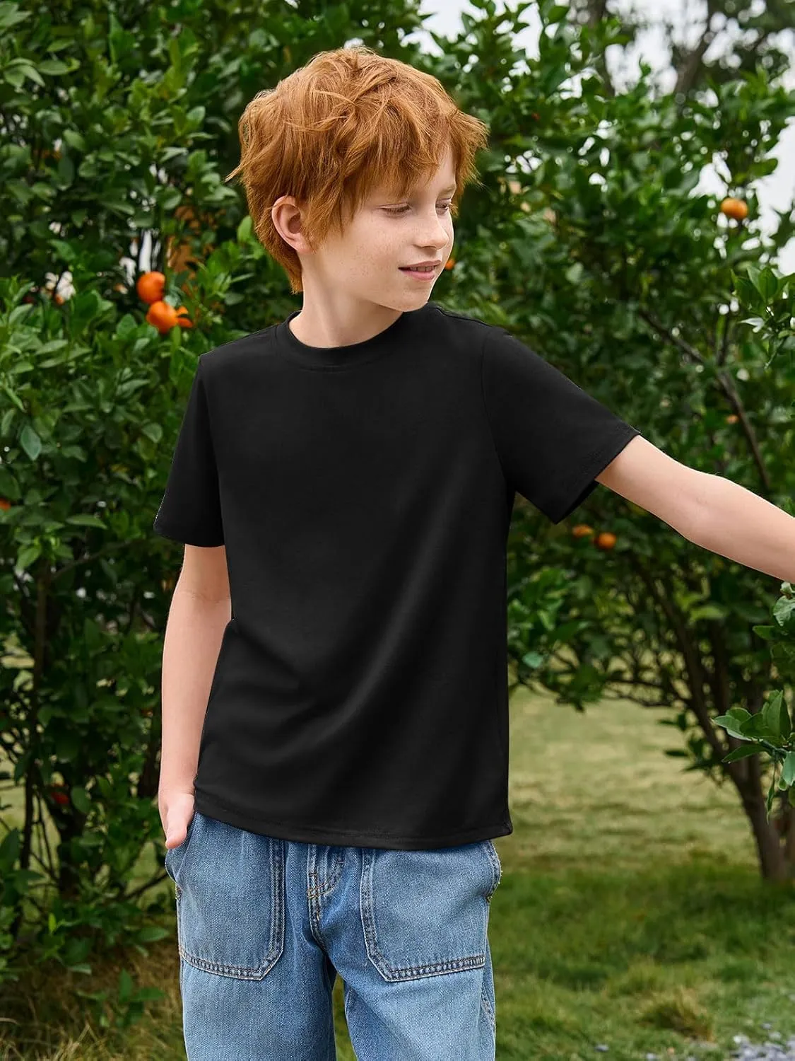 Haloumoning Boys T-Shirts Kids Short Sleeve Crewneck Solid Basic Tees Casual Tops 5-14 Years