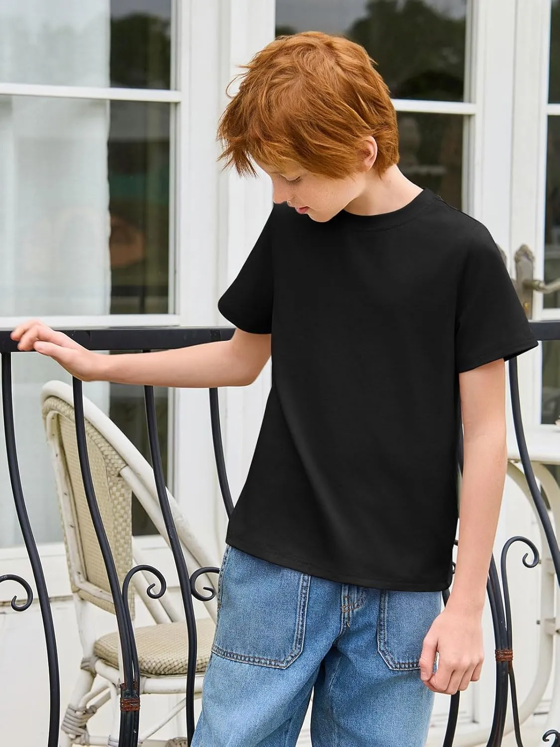 Haloumoning Boys T-Shirts Kids Short Sleeve Crewneck Solid Basic Tees Casual Tops 5-14 Years