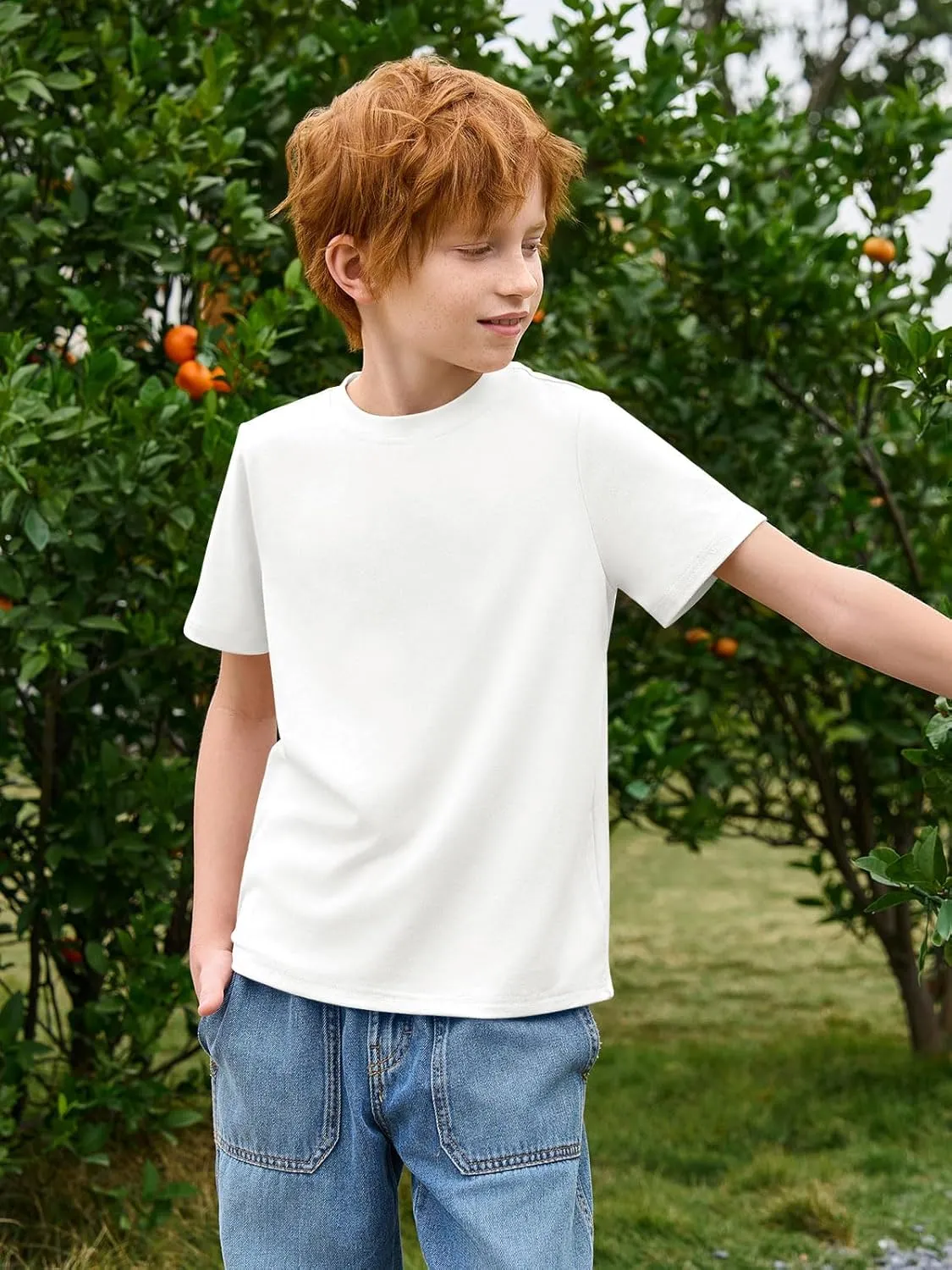 Haloumoning Boys T-Shirts Kids Short Sleeve Crewneck Solid Basic Tees Casual Tops 5-14 Years