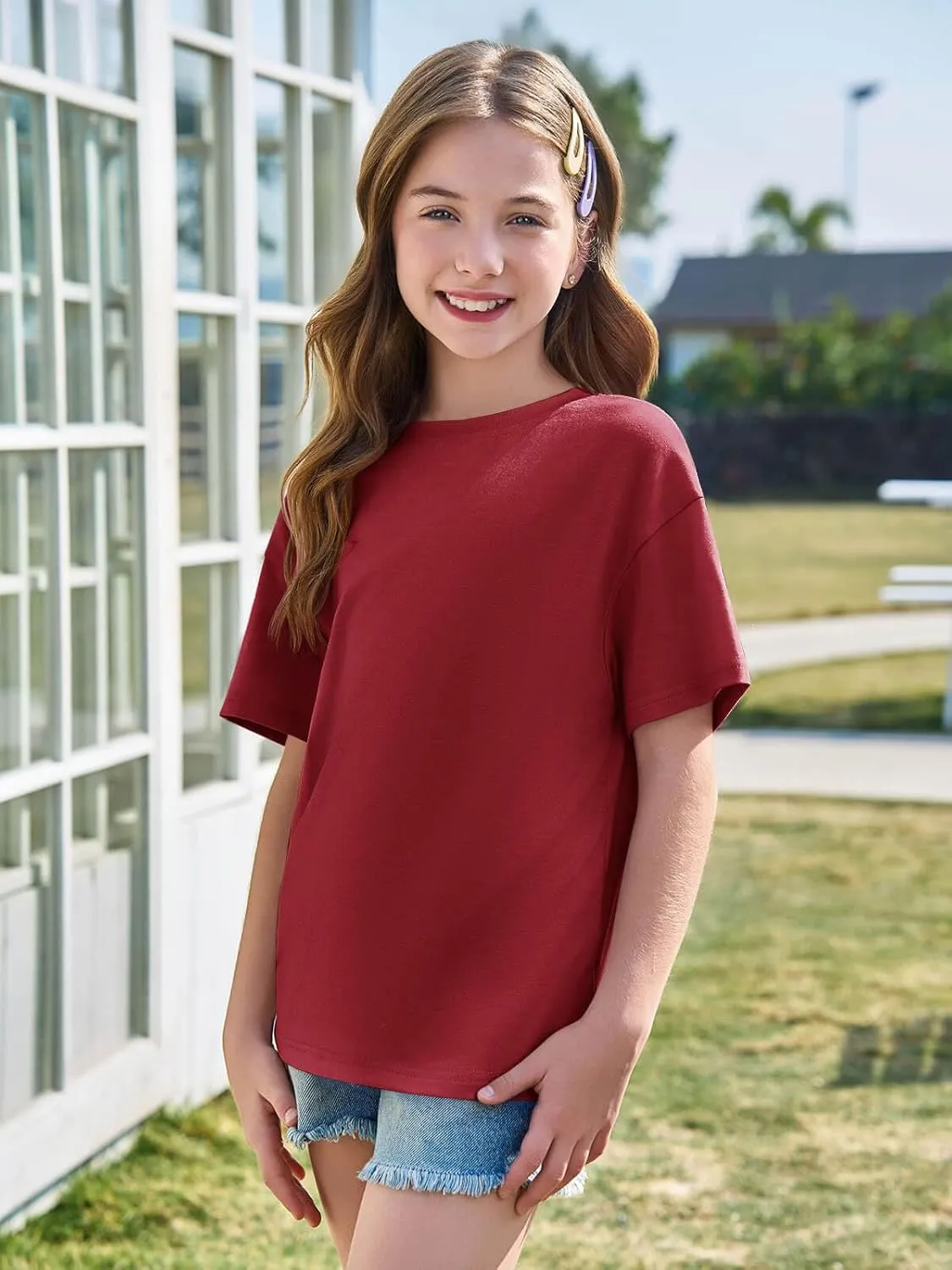 Haloumoning Girls Short Sleeve T Shirts Kids Summer Oversized Tops Casual Crewneck Basic Tees 5-14Y