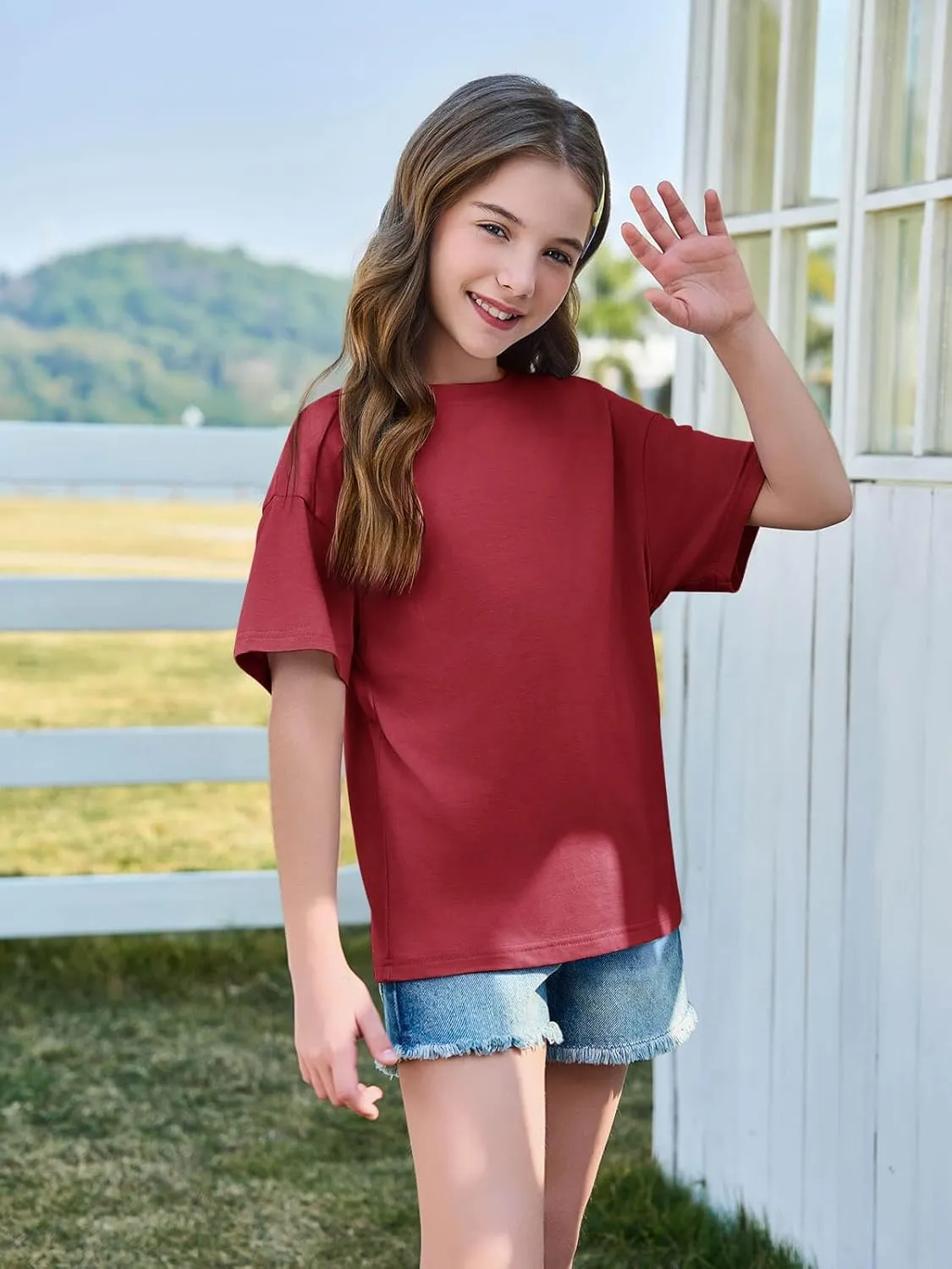 Haloumoning Girls Short Sleeve T Shirts Kids Summer Oversized Tops Casual Crewneck Basic Tees 5-14Y