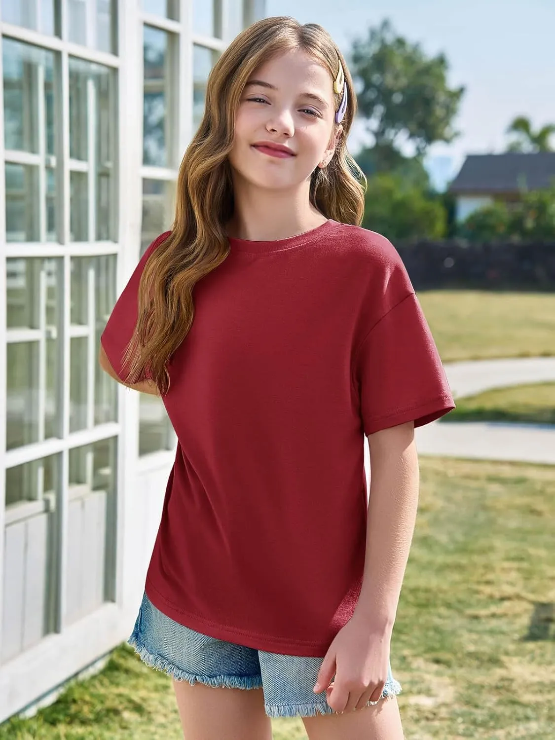Haloumoning Girls Short Sleeve T Shirts Kids Summer Oversized Tops Casual Crewneck Basic Tees 5-14Y