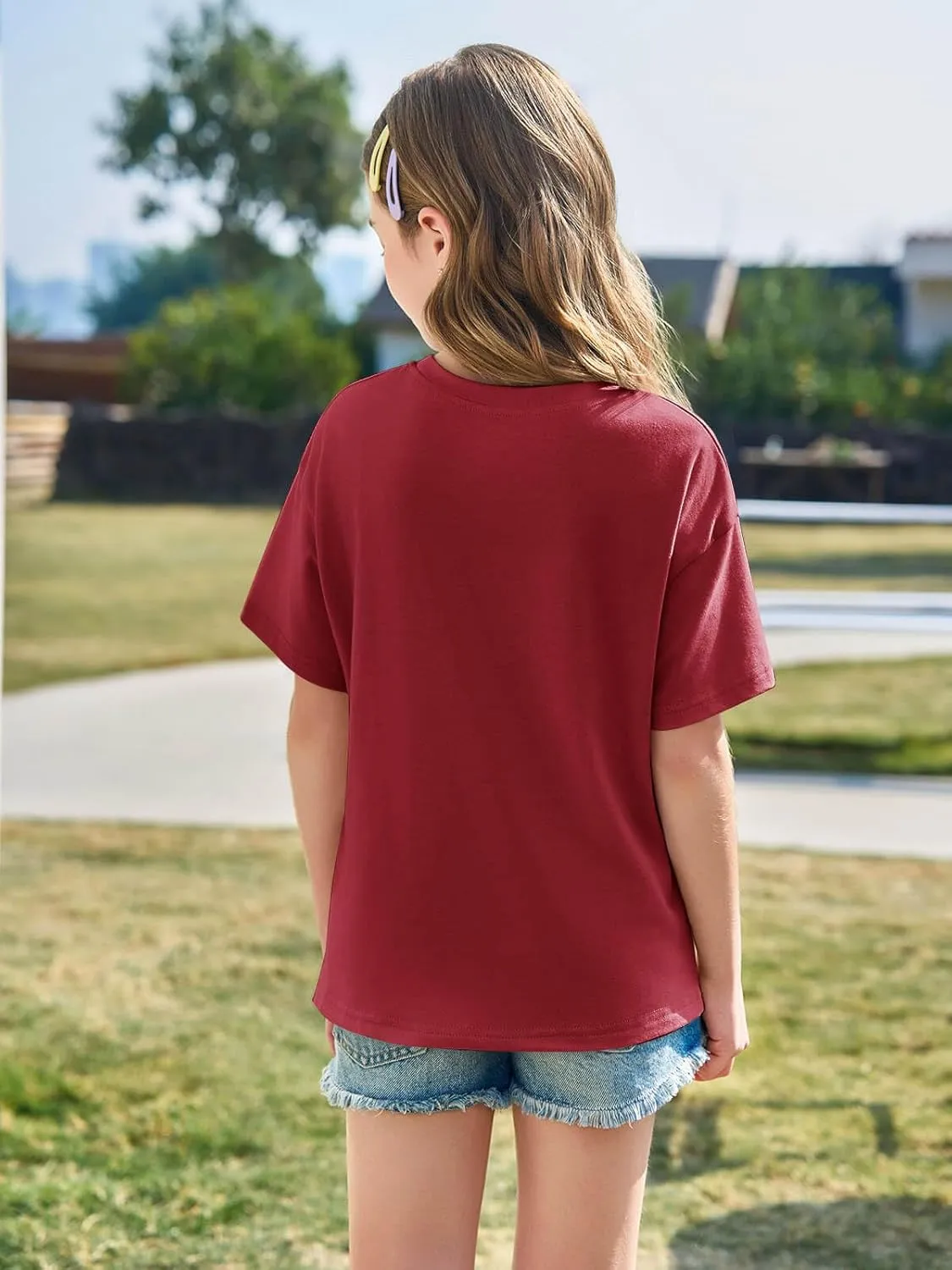 Haloumoning Girls Short Sleeve T Shirts Kids Summer Oversized Tops Casual Crewneck Basic Tees 5-14Y