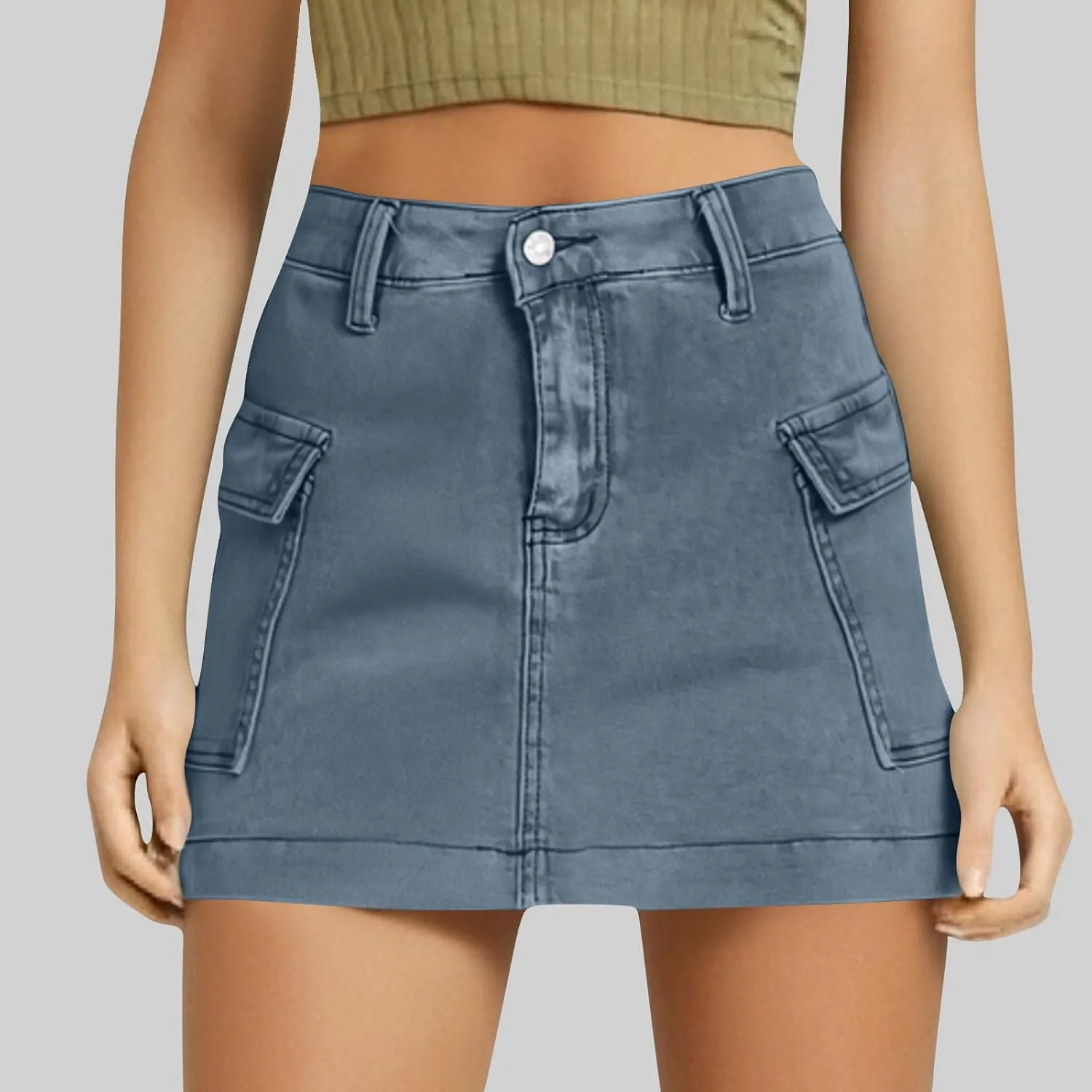 HGps8w Women's Denim Cargo Skirt Classic Zipper Button High Waisted Bodycon Y2K Mini Skirts with Flap Pockets