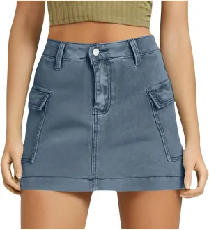 HGps8w Women's Denim Cargo Skirt Classic Zipper Button High Waisted Bodycon Y2K Mini Skirts with Flap Pockets