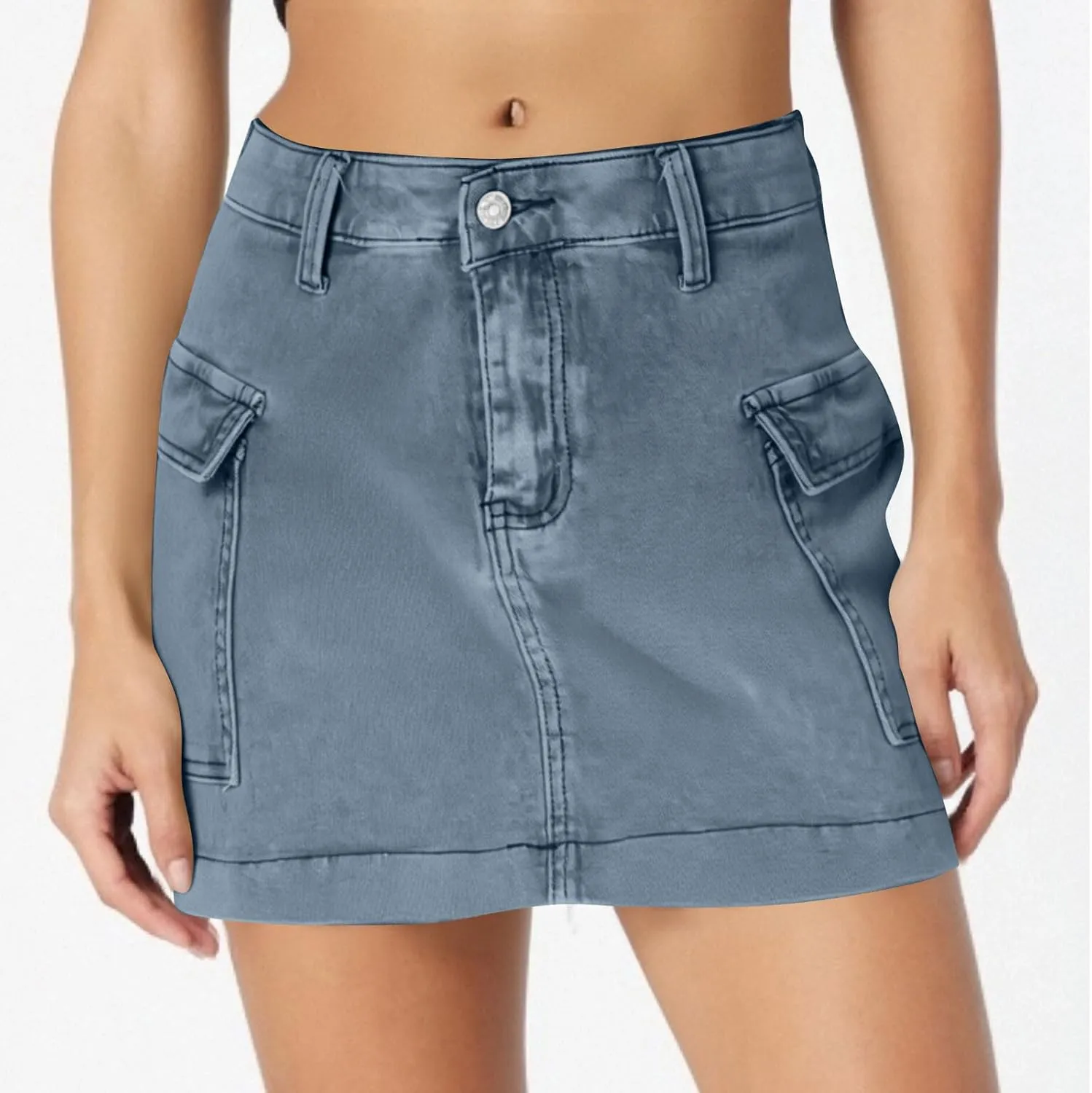 HGps8w Women's Denim Cargo Skirt Classic Zipper Button High Waisted Bodycon Y2K Mini Skirts with Flap Pockets
