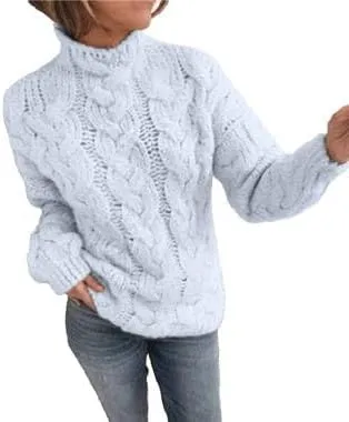 High Neck Drop Shoulder Sweaters for Women Trendy Fall Long Sleeves Cable Knit Tops Casual Oversized Pullover Chunky Sweater