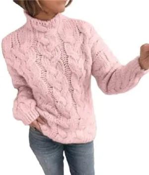High Neck Drop Shoulder Sweaters for Women Trendy Fall Long Sleeves Cable Knit Tops Casual Oversized Pullover Chunky Sweater