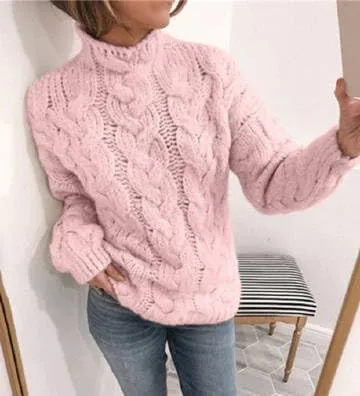High Neck Drop Shoulder Sweaters for Women Trendy Fall Long Sleeves Cable Knit Tops Casual Oversized Pullover Chunky Sweater