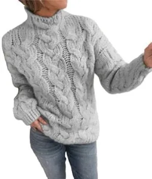 High Neck Drop Shoulder Sweaters for Women Trendy Fall Long Sleeves Cable Knit Tops Casual Oversized Pullover Chunky Sweater