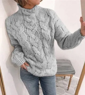 High Neck Drop Shoulder Sweaters for Women Trendy Fall Long Sleeves Cable Knit Tops Casual Oversized Pullover Chunky Sweater
