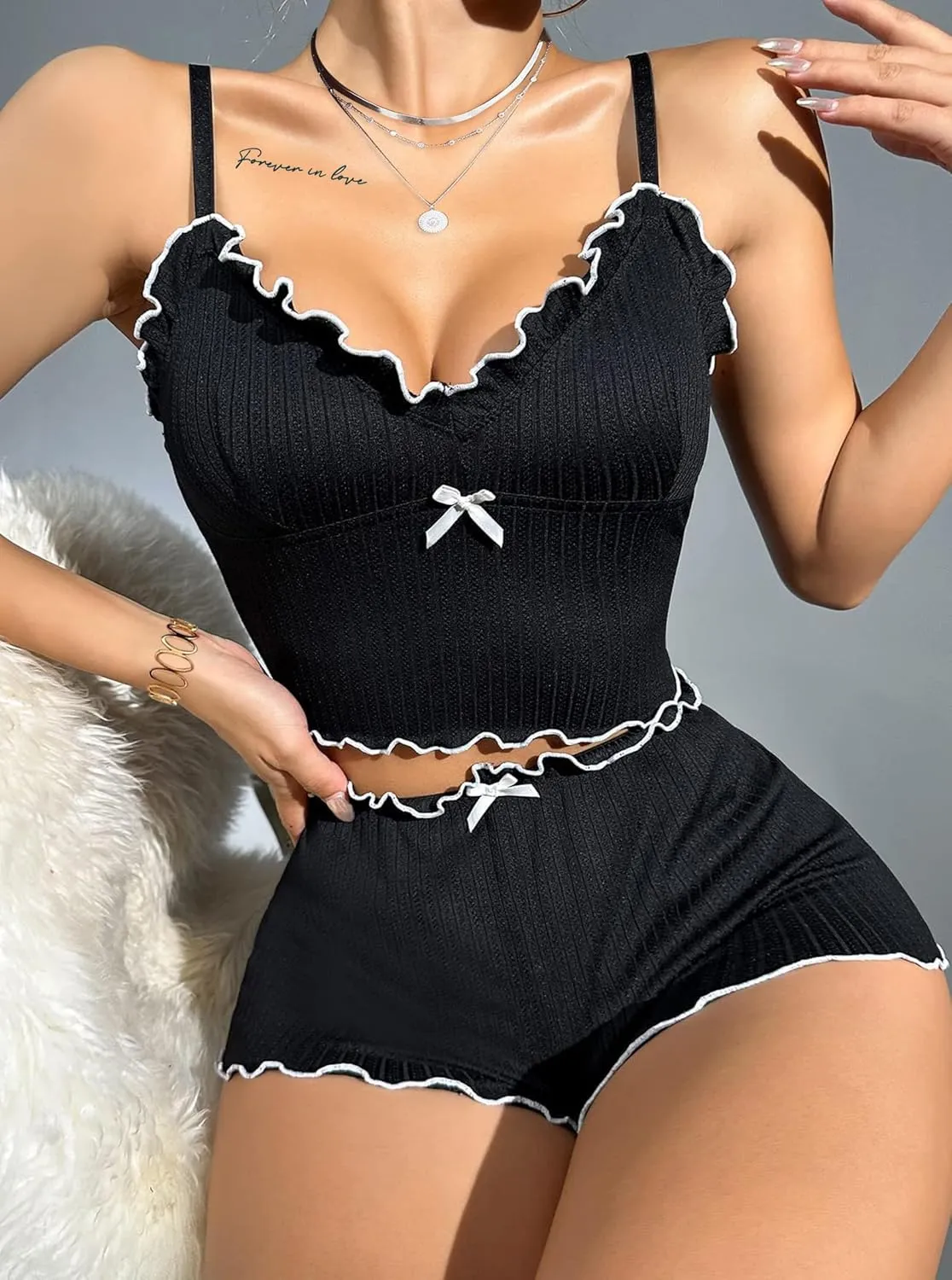 Hilinker Womens Sexy Pajama Set 2 Piece Ribbed Crop Cami and Shorts Sleepwear Cute Pjs