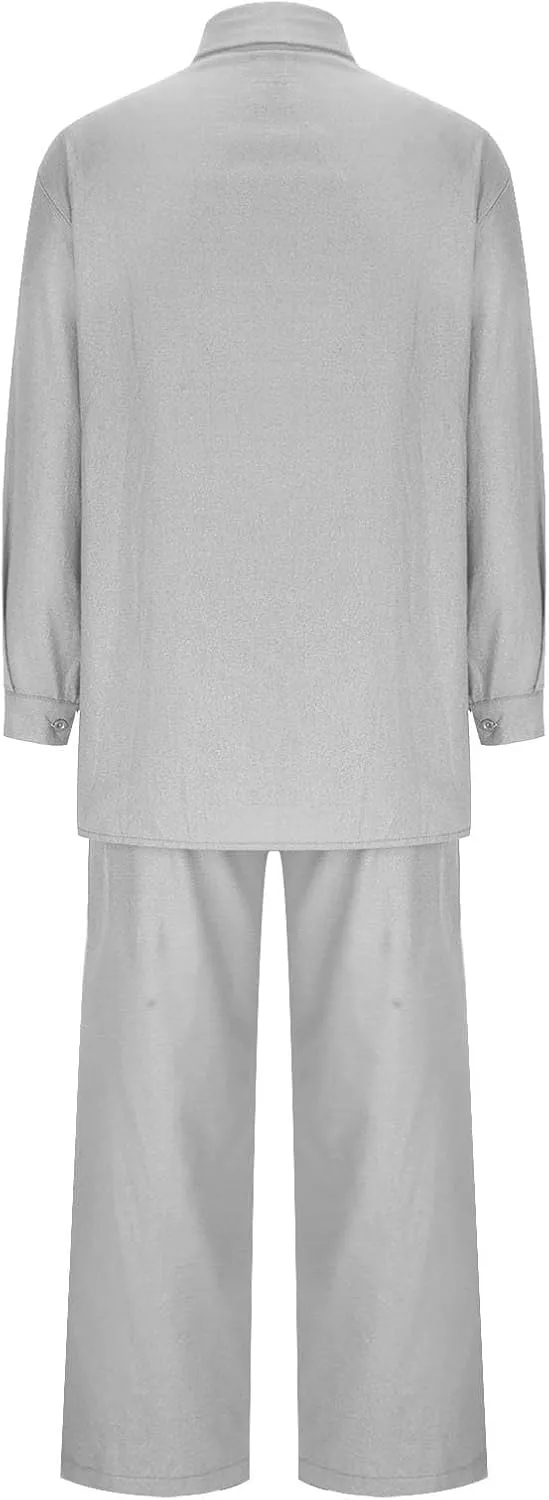 hlysgo Cotton Linen 2 Piece Outfits for Women Casual Loose Fit Long Sleeve Button Down Shirts and Pants Plus Size Set
