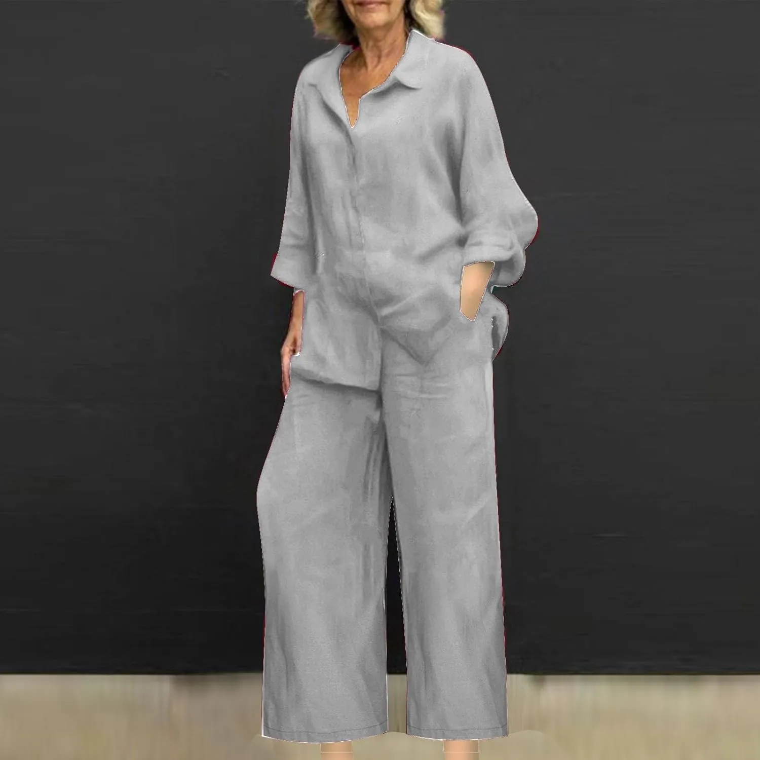 hlysgo Cotton Linen 2 Piece Outfits for Women Casual Loose Fit Long Sleeve Button Down Shirts and Pants Plus Size Set