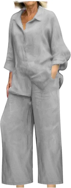 hlysgo Cotton Linen 2 Piece Outfits for Women Casual Loose Fit Long Sleeve Button Down Shirts and Pants Plus Size Set