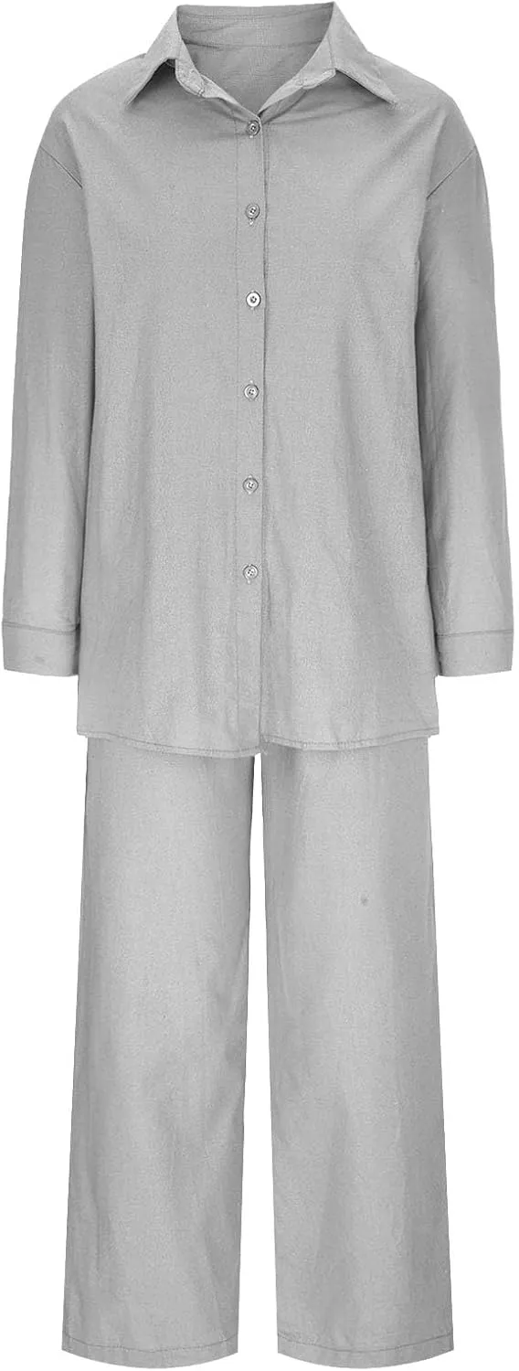 hlysgo Cotton Linen 2 Piece Outfits for Women Casual Loose Fit Long Sleeve Button Down Shirts and Pants Plus Size Set