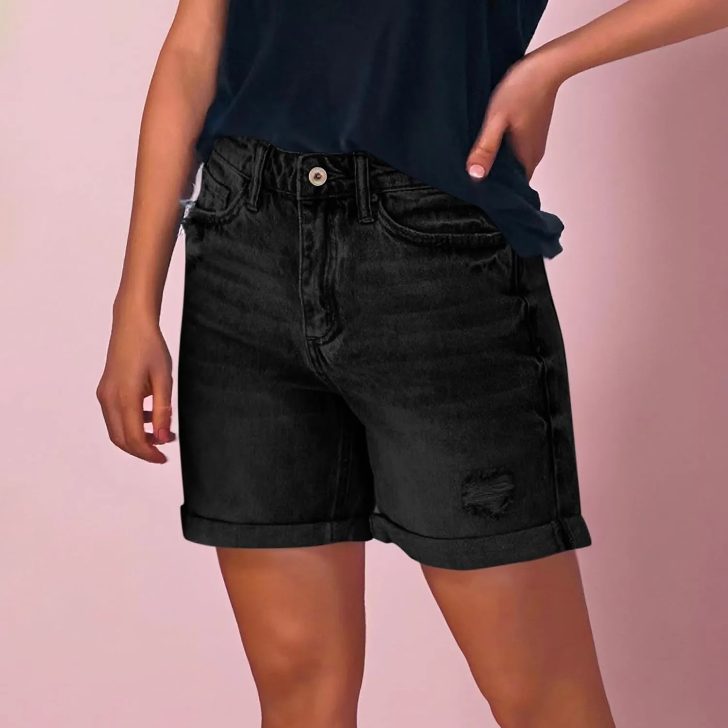 hlysgo Denim Shorts Women 2025 Summer Trendy Raw Hem Jean Short High Waisted Distressed Ripped Shorts Jeans with Pockets