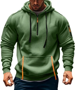 Hoodies for Men Quarter Zip Pullover Tactical Sweatshirt Casual Vintage Long Sleeve Workout Hoodie With Pockets