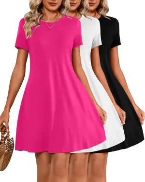 Huukeay 3 Pack Women Casual T Shirt Dresses Short Sleeve Round Neck Loose Fit Tunic Dresses Summer Swing Dress…
