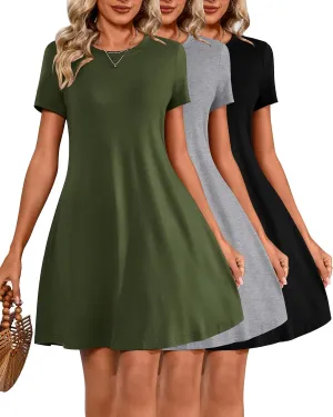 Huukeay 3 Pack Women Casual T Shirt Dresses Short Sleeve Round Neck Loose Fit Tunic Dresses Summer Swing Dress…