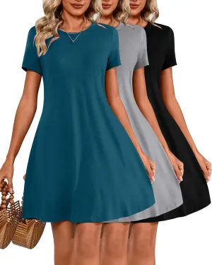 Huukeay 3 Pack Women Casual T Shirt Dresses Short Sleeve Round Neck Loose Fit Tunic Dresses Summer Swing Dress…