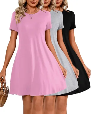 Huukeay 3 Pack Women Casual T Shirt Dresses Short Sleeve Round Neck Loose Fit Tunic Dresses Summer Swing Dress…