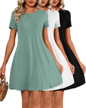 Huukeay 3 Pack Women Casual T Shirt Dresses Short Sleeve Round Neck Loose Fit Tunic Dresses Summer Swing Dress…