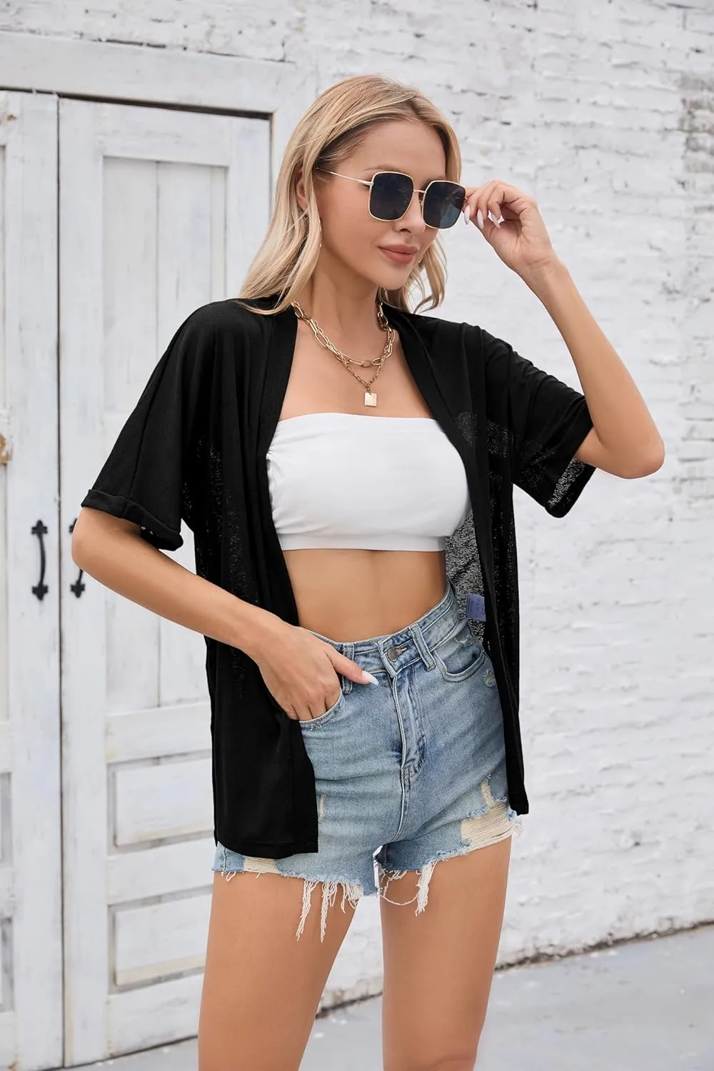 Iandroiy Women's Lightweight Open Front Cardigans Casual Short Sleeve Blouse Tops