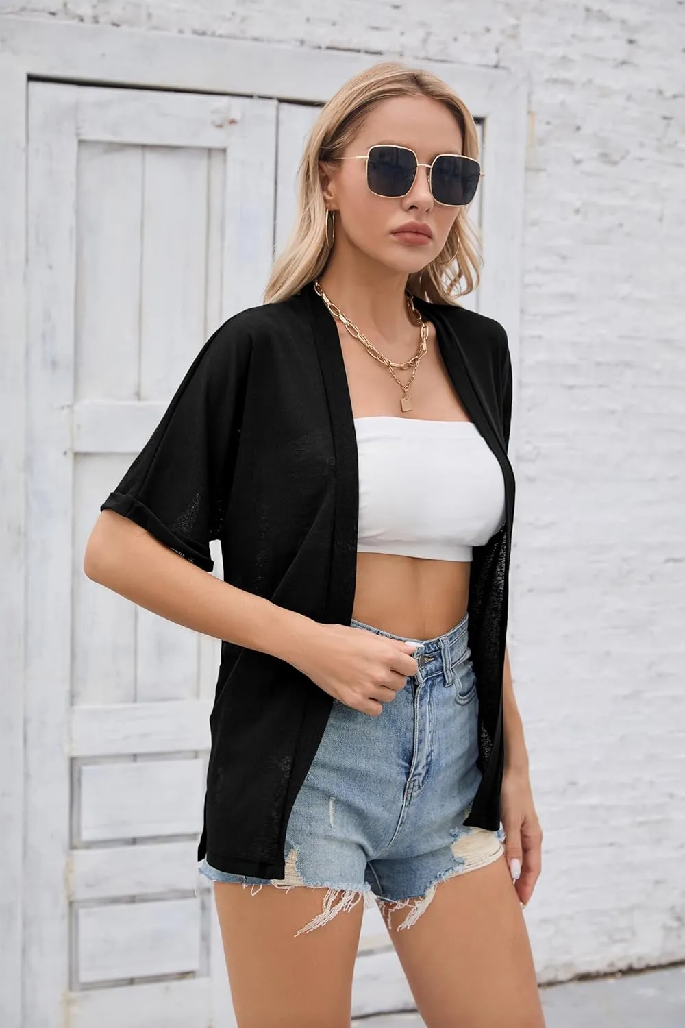 Iandroiy Women's Lightweight Open Front Cardigans Casual Short Sleeve Blouse Tops