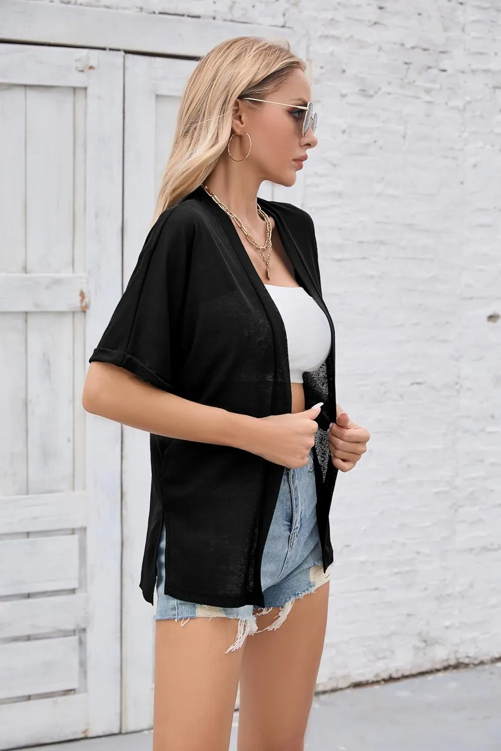 Iandroiy Women's Lightweight Open Front Cardigans Casual Short Sleeve Blouse Tops
