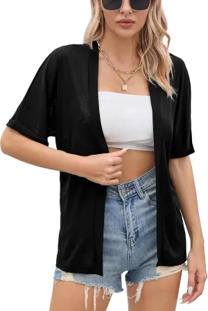 Iandroiy Women's Lightweight Open Front Cardigans Casual Short Sleeve Blouse Tops