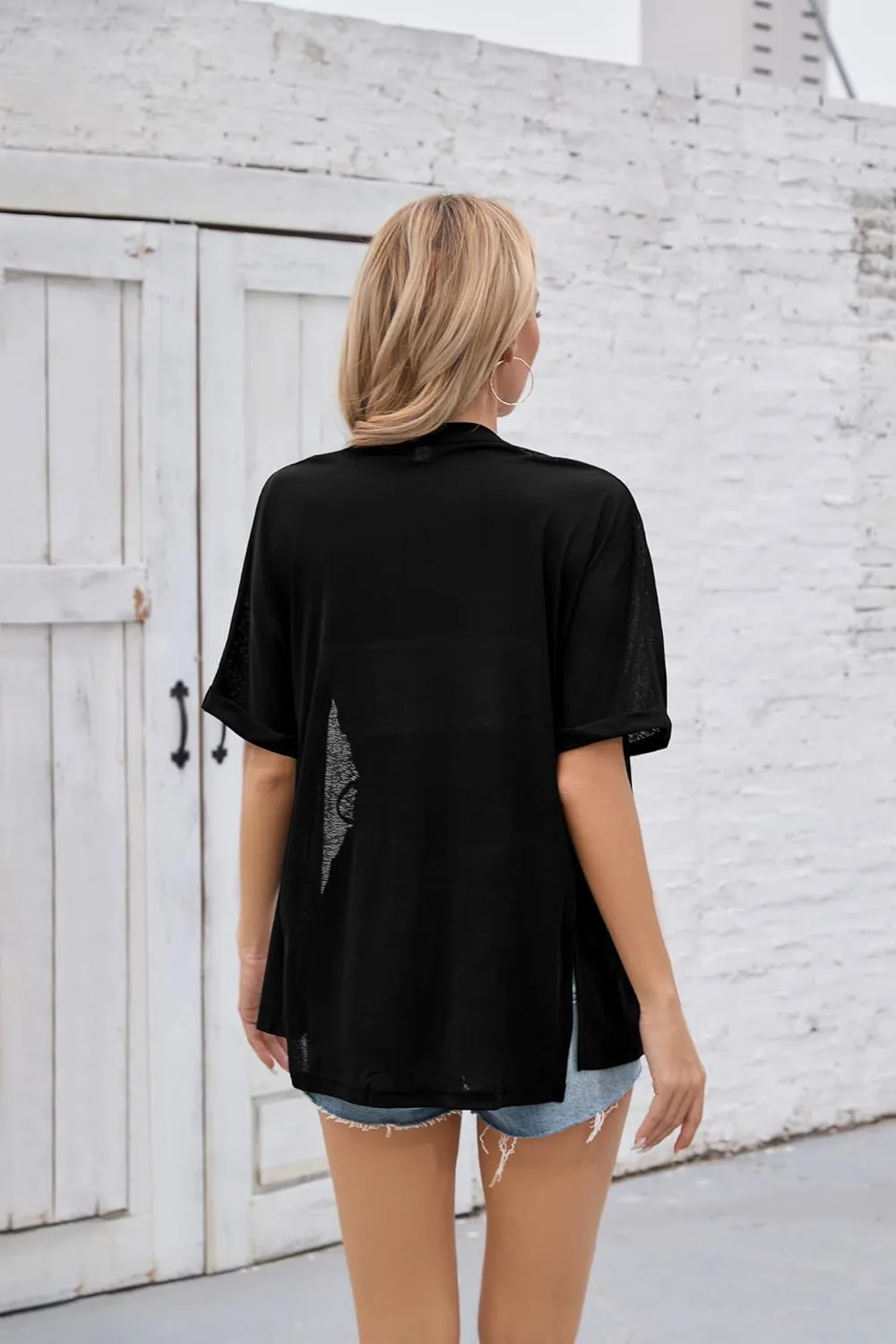 Iandroiy Women's Lightweight Open Front Cardigans Casual Short Sleeve Blouse Tops