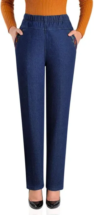 IDEALSANXUN Women’s Fleece Lined Jeans Elastic Waist Loose Straight Leg Jeans