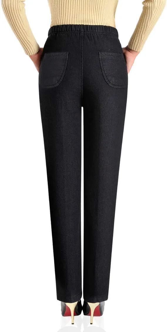 IDEALSANXUN Women’s Fleece Lined Jeans Elastic Waist Loose Straight Leg Jeans