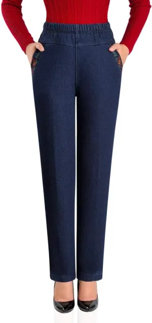 IDEALSANXUN Women’s Fleece Lined Jeans Elastic Waist Loose Straight Leg Jeans