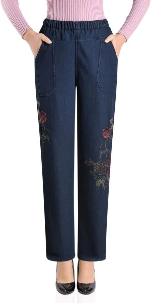 IDEALSANXUN Women’s Fleece Lined Jeans Elastic Waist Loose Straight Leg Jeans