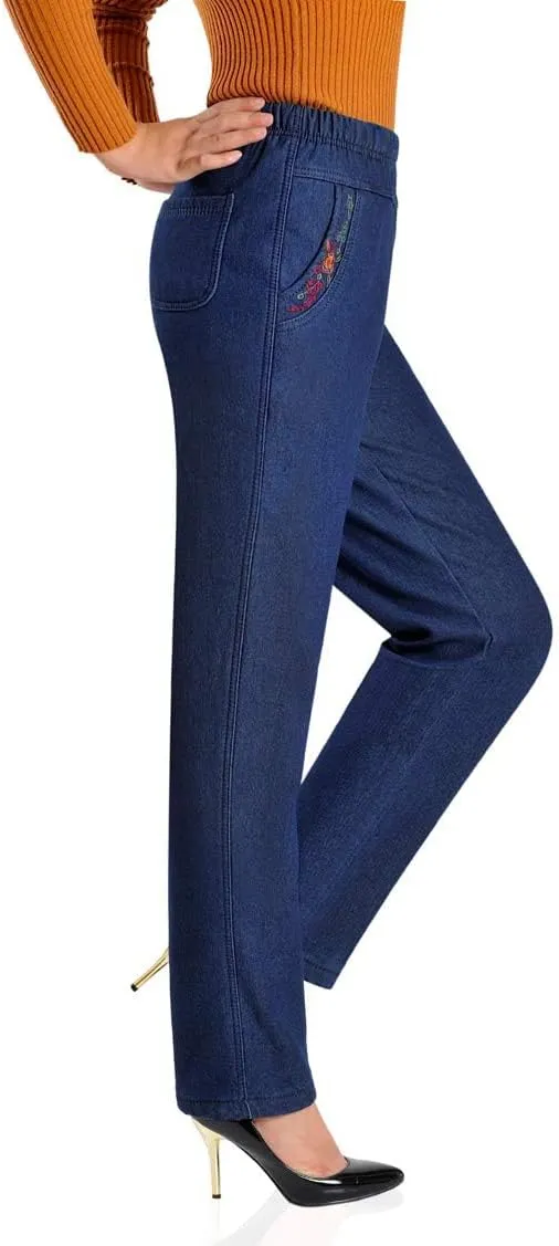 IDEALSANXUN Women’s Fleece Lined Jeans Elastic Waist Loose Straight Leg Jeans