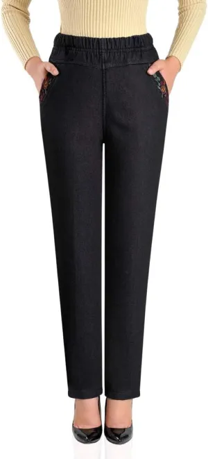 IDEALSANXUN Women’s Fleece Lined Jeans Elastic Waist Loose Straight Leg Jeans