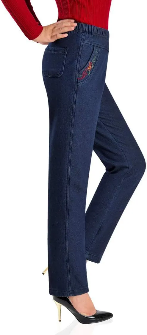 IDEALSANXUN Women’s Fleece Lined Jeans Elastic Waist Loose Straight Leg Jeans